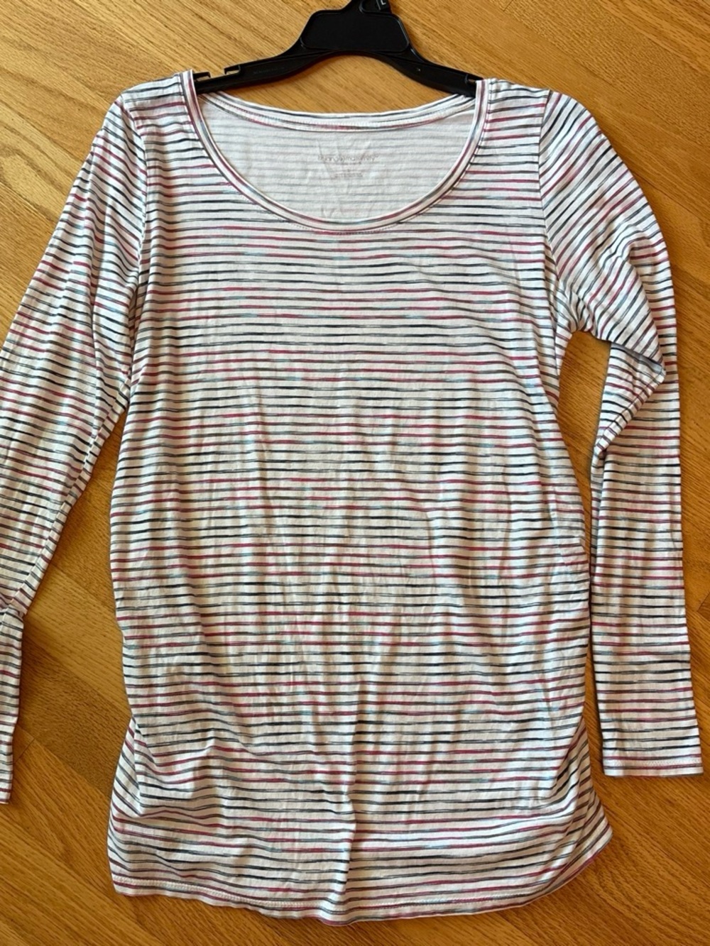 Liz Lange Long-Sleeve Striped Scoop Neck Top - White with Pink and Black Stripes